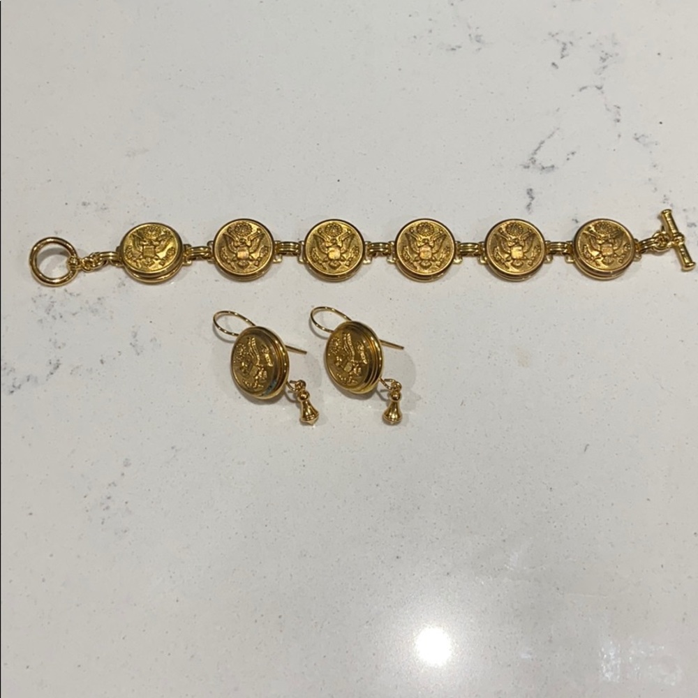 Gold plated military coin drop earrings & bracelet